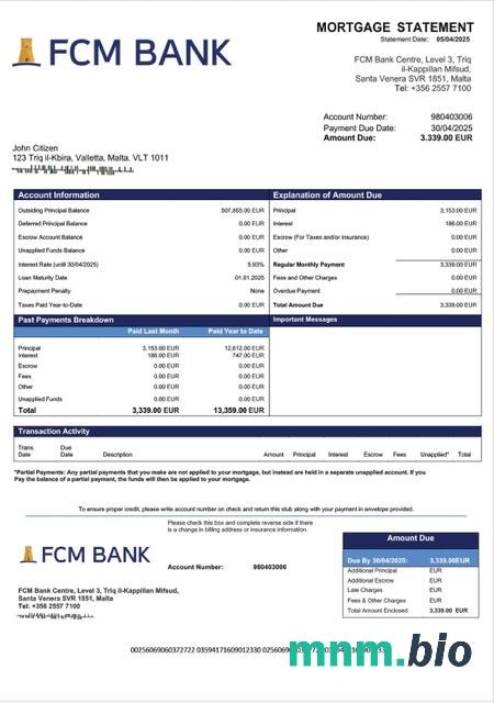 Malta FCM Bank wyciąg z kredytu hipotecznego szablon Word i PDF